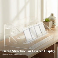 Stepped Acrylic Display Stand Space-Saving Tiered Pin Display Rack Versatile Use Clear Collectible Riser Shelf for Collectors, Anime Fans, Desk