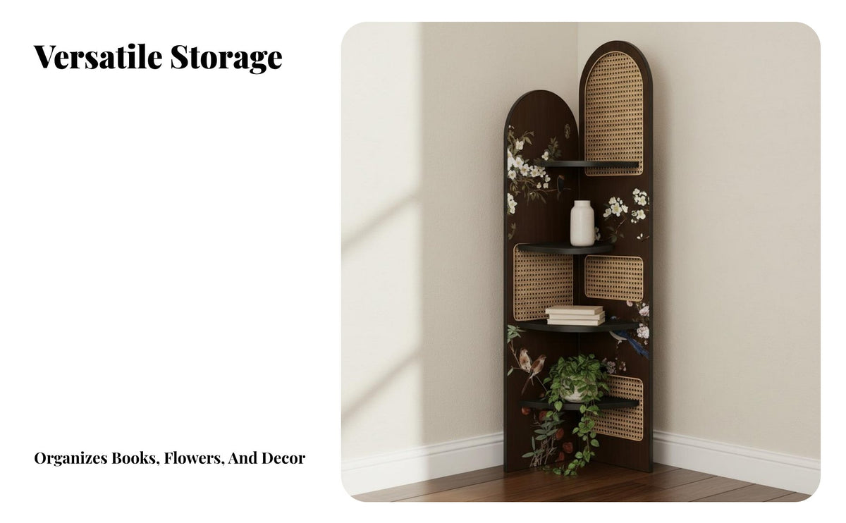 Retro Design Corner Bookshelf Space-Saving Corner Shelf Unit Exposed Shelves Vintage Display Rack Multi-Purpose for Office Workers, Apartment Dwellers, Homeowners, Living Room, Study, Bedroom