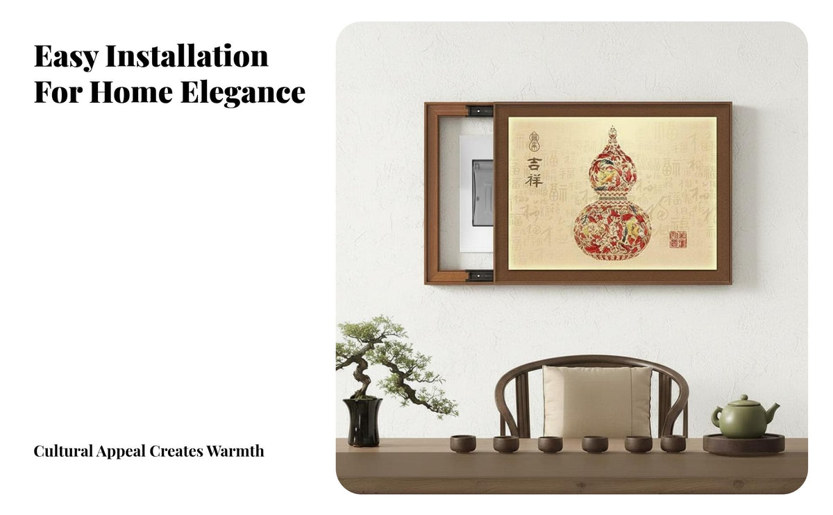 Punch-No-Drill Installation Electric Meter Box Decorative Painting Easy Entry Design Electric Meter Box Cover Long-Lasting Construction Chinese Design Gourd Wall Art Dust & Moisture Protection for Homeowners, Interior Designers, Entryway, Hallway, Kitchen