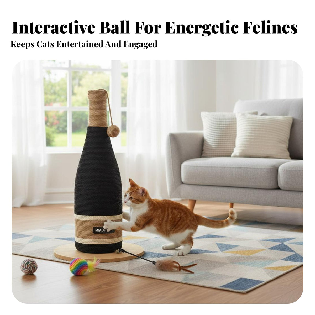 Sisal Rope Cat Scratcher Space-Saving Design Cat Scratching Pole with Orb Pet Supplies Easy to Clean for Living Room