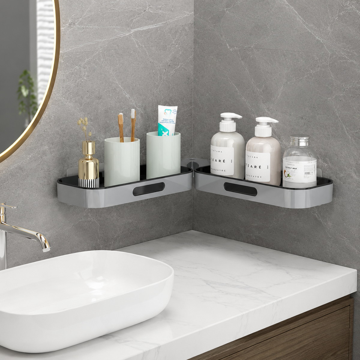 Foldable corner shelf for shower and bathroom, self-adhesive spice shelf kitchen, modern kitchen organizer without drilling, 1-tier