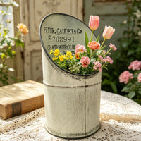 Vintage Metal Planter Embossed Text Tabletop Flower Pot Cylindrical for Balcony