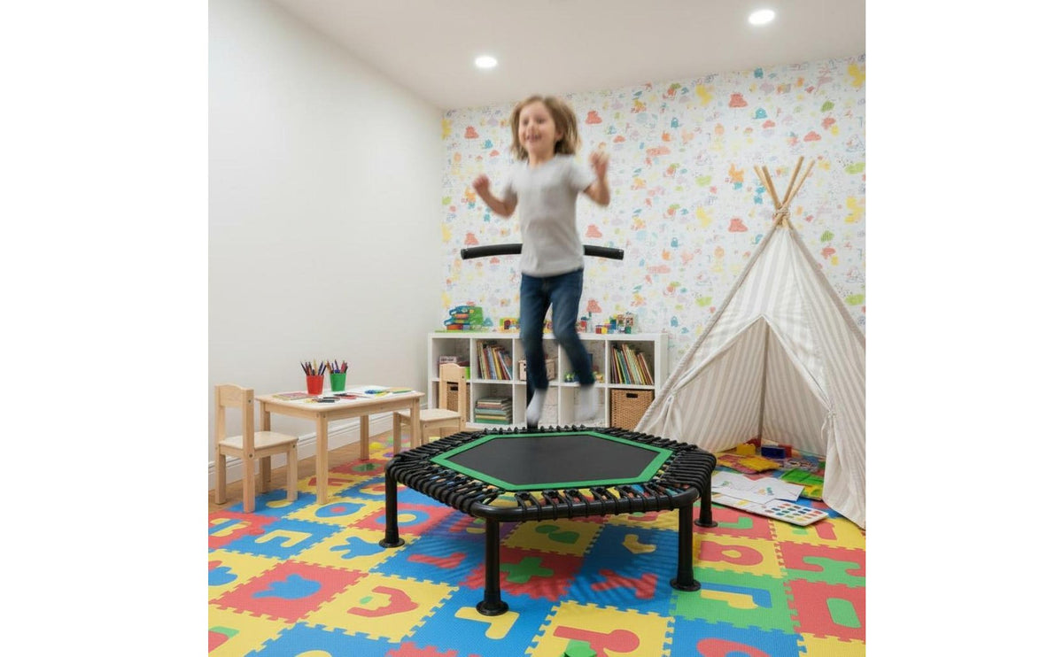 Hexagonal Mini Trampoline Adjustable Handlebar Kids Trampoline with Handle Indoor Young Child Coil Toy Stable Frame for Home Use