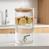 Water Dispenser with Bamboo Base, Cylindrical Juice Dispenser and Drink Dispenser, Modern Glass Pitcher for Iced Tea and Home Beverage Serving