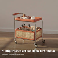 Easy to Move Wooden Trolley with Rattan Basket Multifunctional Vintage Mobile Side Table Space-Saving 2-Tier Rolling Cart Large Capacity for Home Entertainers, Apartment Dwellers, Homeowners, Living Room, Bedroom, Art Studio