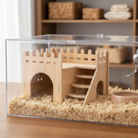 Wooden Hamster House Transparent Acrylic Hamster Cage Accessory Wood Pet Villa for Syrian Hamsters, Enclosure