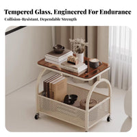 With casters 2-Tier Rolling Organizer Cream aesthetic 2-Tier Utility Trolley Minimalist Design Side Table Multifunctional for Homeowners, Office Workers, Living Room, Bedroom, Balcony, Kitchen