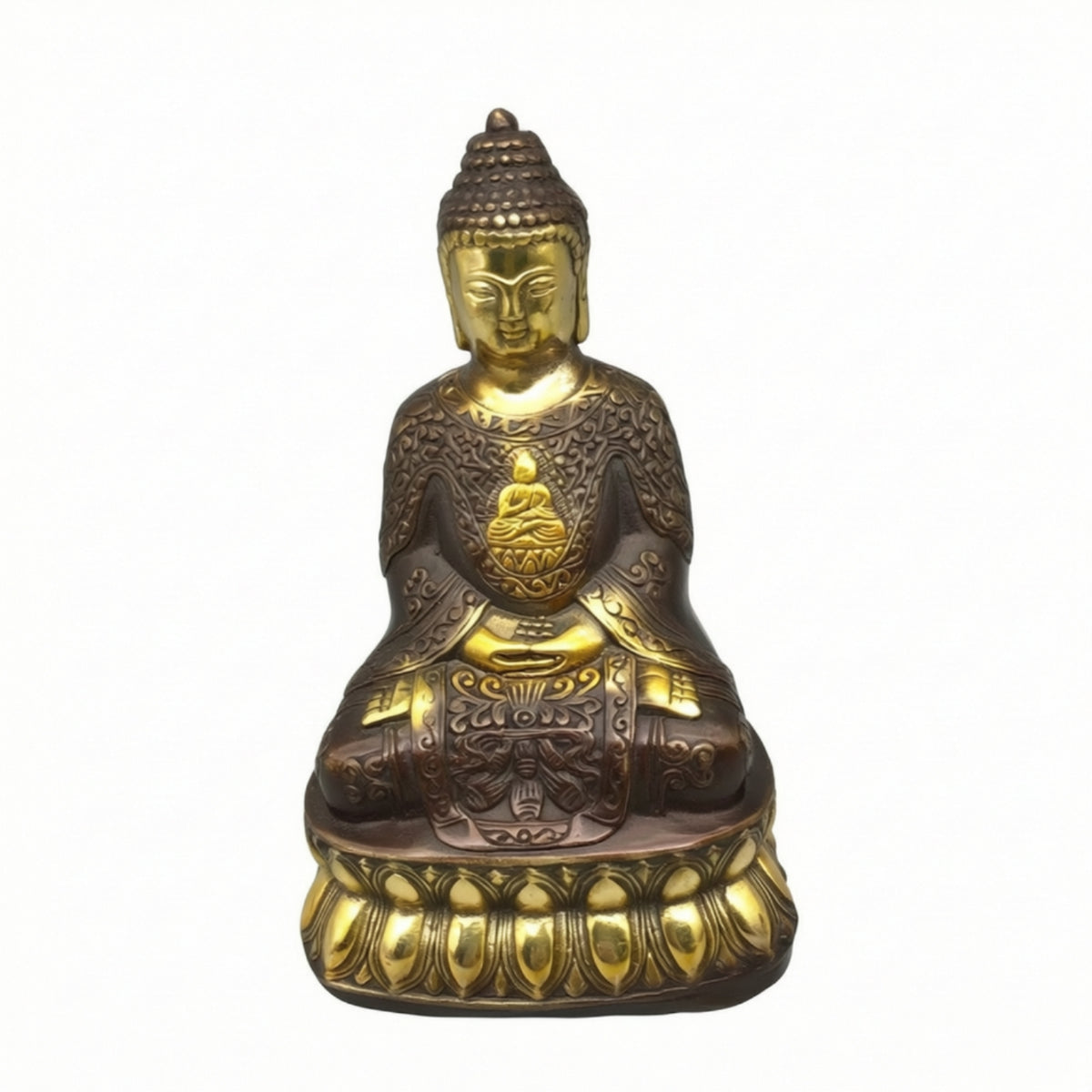 Buddha Statue with Pedestal Copper-Toned Statue with Pedestal Ornate Buddha Figurine for Altar