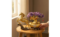 Gold-Colored Horse Statue with Wealth Tree Crystal-Like Feng Shui Horse Figurine Tabletop Decor Wealth for Business Owners