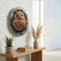 Feather-Textured Owl Wall Hanging Bark-Like Frame Resin Owl Ornament 3D Carved Details for Garden, Courtyard