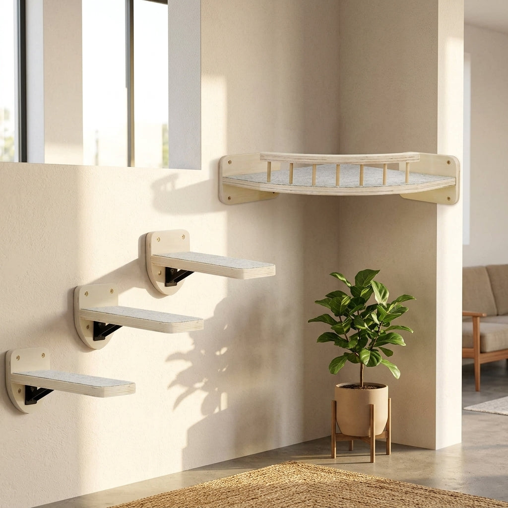 Cat Shelves with Felt Mat, Wall-Mounted Wood Cat Bed and Perch, Minimalist Single-Level Climbing Shelves for Indoor Cats Space Saving Furniture