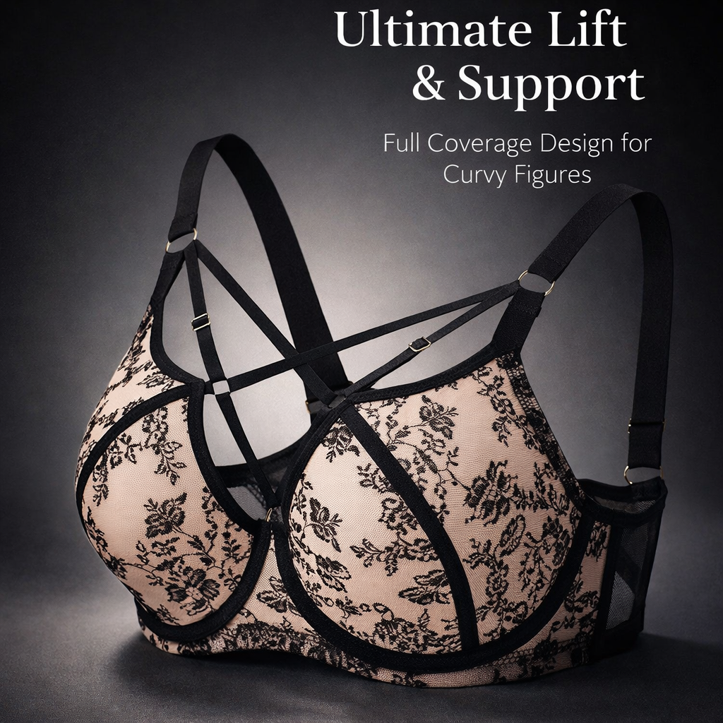 Lace Trim Full Coverage Bras for Women with Minimizer Support, Breathable Mesh Plus Size for Everyday and Work Wear, Wide Back Design