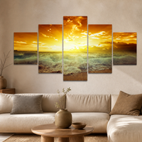 Modern Sunset Seascape Canvas Wall Art Print, 5-Panel Tropical Ocean Decor Painting
