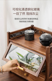 胡桃木置物架桌面小型防尘博古架实木简约摆件茶壶茶具台式收纳柜 北美胡桃木收纳架《一路相伴》两层架 50*13*16.5