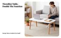 Minimalist Aesthetic 2-Tier Rectangular Coffee Table Double-Deck Design Two-Tier Rectangular Table Solid Wood Legs Living Room Furnishing Ample Storage Space for Families with Children, Homeowners, Renters, Small Apartment, Lounge Area, Office, Balcony