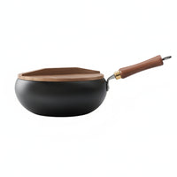 Cast Iron Wok with Wooden Lid Heat Retention Wok with Wooden Lid Even Heating Cookware for Stovetop