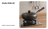 Hand Hammered Wok Wooden Handle Uncoated Iron Wok Deep Bowl Stir-Fry Pan Rust Resistant Large Stir Frying Pan Lightweight Design