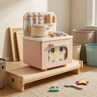 Wooden Play Kitchen with Hooks Toy Kitchen Set Interactive Knobs Children's Plaything for Playroom