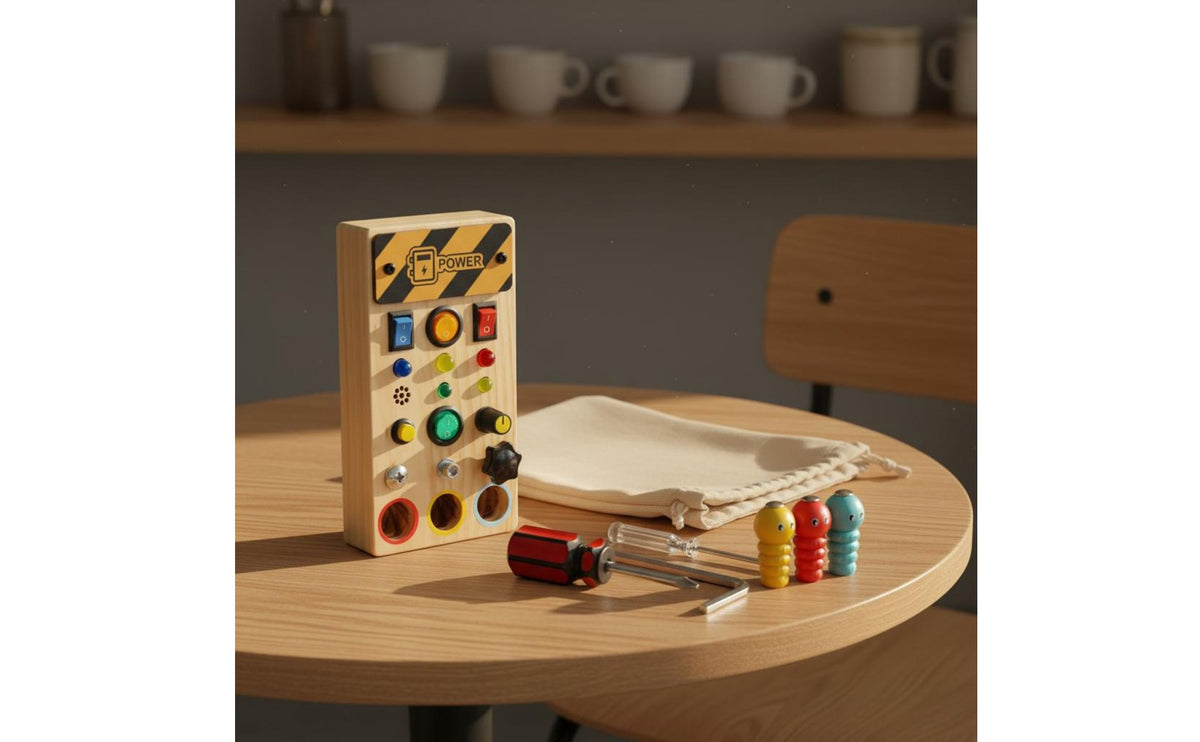 Wooden Busy Board Multiple Buttons Switch Toy Early Learning Young Child Switch Board for Young Children, Preschoolers, Travel