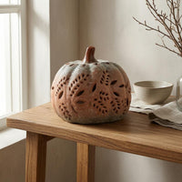 Reactive Glaze Hollow Ceramic Pumpkin Hand-Carved Lighted Pumpkin Ornament Openwork Cutouts Fall Decoration Battery-Powered