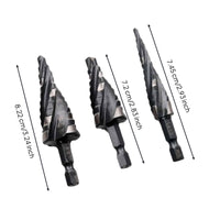 3 Pieces Imperial Sizes Step Drill Bit Set Black Oxide Finish Spiral Flute Step Drill Chip Clearing for Sheet Metal, Metalwork, Workshop