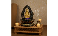 Black and Gold Fountain with Buddha Figure Textured Tabletop Water Fountain Small Zen-Style for Desk