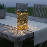 Weather Resistant Hollow Metal Solar Lantern Portable Cylindrical Cutout Lantern Flower Pattern Solar Lamp for Tabletop