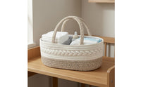 Braided Cotton Rope Basket Loop Handles Woven Storage Basket Striped Lining Neutral Tones