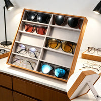 Wood-Grain Sunglasses Display Case 10-Slot Eyeglass Display Box Slanted Sunglass Organizer Upright for Retailers, Collectors, Retail Counter, Dresser, Optical Shop