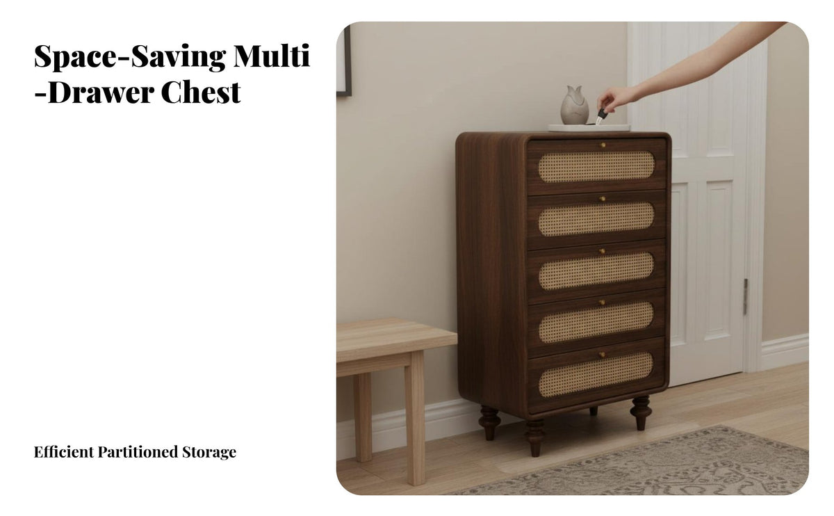 French design 5-Drawer Rattan chest of drawers Vintage Design Chest of Drawers Small Footprint Storage Furniture adaptable Use for Apartment Dwellers, Homeowners, Living Room, Entryway, Hallway, Bedroom