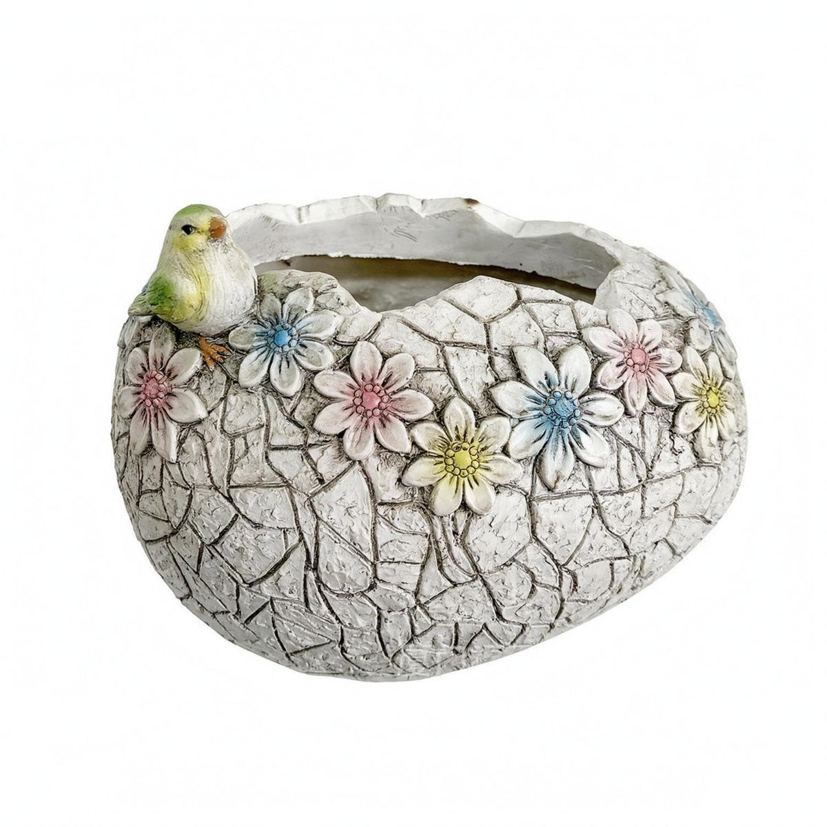 Textured Cracked Eggshell Planter Raised Flowers Eggshell Planter Engraved Plant Container Pastel Floral for Courtyard, Balcony