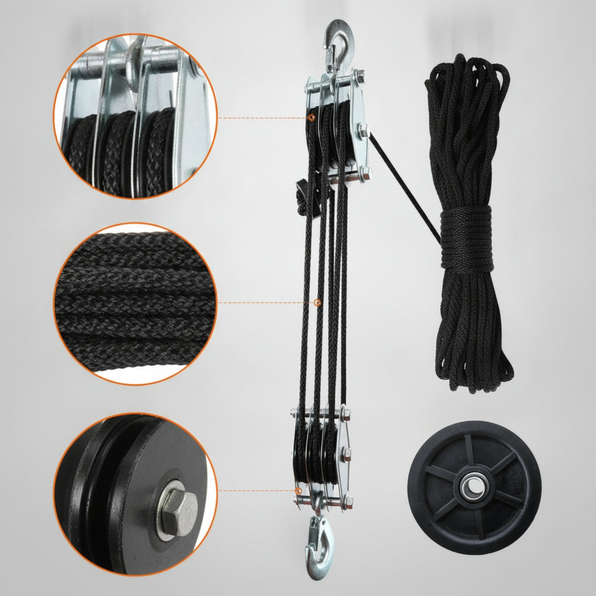 Bearing-Mounted Rope Pulley Hoist Compact Hoist with Nylon Wheels Reinforced Pulley Block and Tackle System Manual for Builders, Mechanics, Workshop, Garage, Warehouse