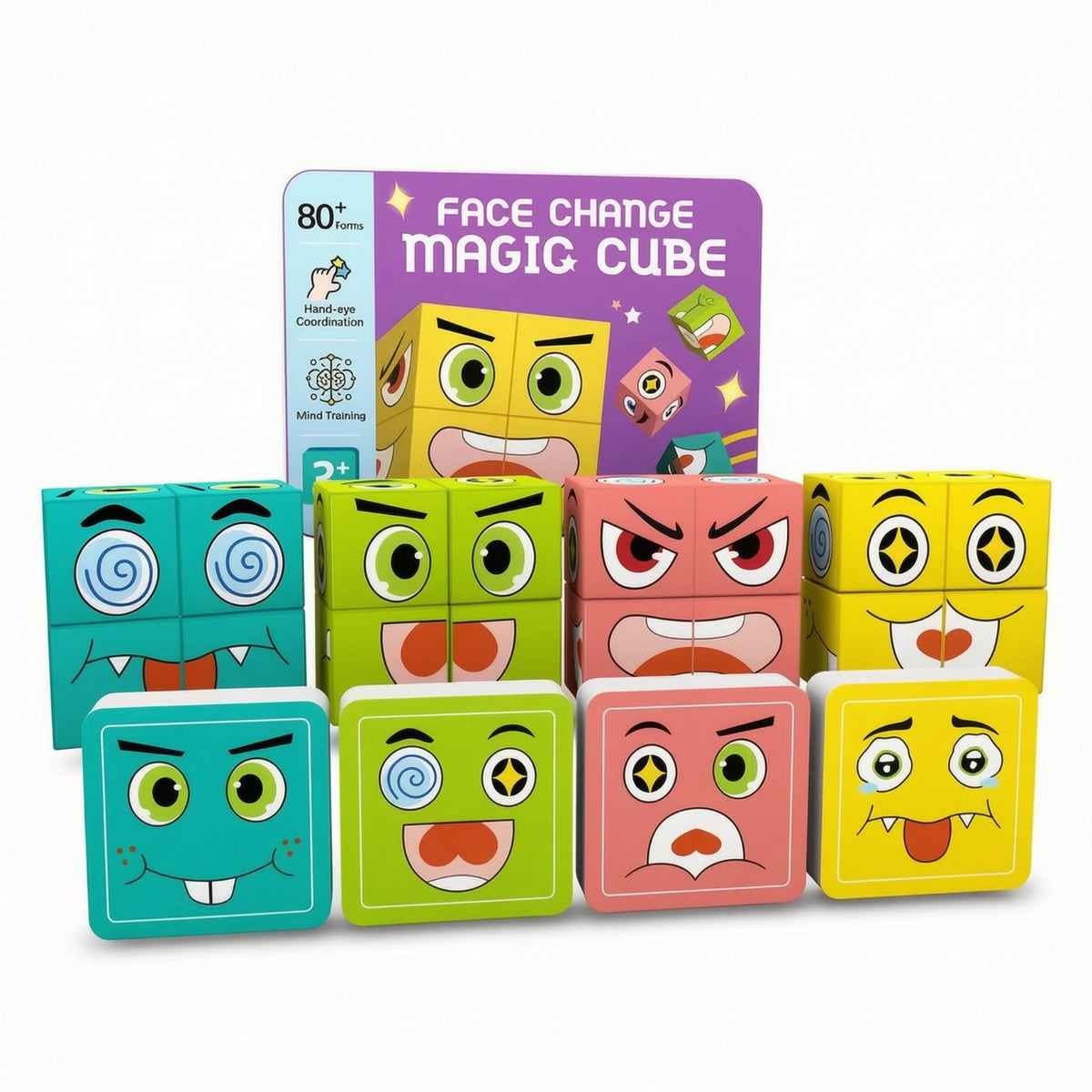 Fine Motor Face-Changing Puzzle Cube Game Rounded-Edged Expression Puzzle Blocks Screenscreenless Face Changing Game with Cards Child-Friendly for Children, Toddlers, Travel