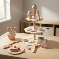 Wooden Dessert Playset Smooth Painted Finish Pretend Confectionery Stand Assorted Accessories Wooden Snack Display for Preschoolers, Children