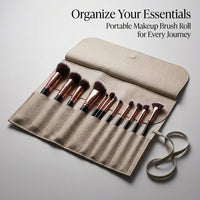 Professional Makeup Brush Organizer for Women, Foldable Leather Cosmetic Bag with 10 Pockets, Lightweight Travel Storage Pouch