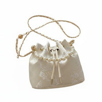 Chinese Design Crossbody Bag Versatile Wear Drawstring Bucket Bag Ideal Gift Pearl Handle Purse for Party, Wedding