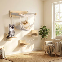 Cat Climbing Frame with Wall Mounted Bed and Textile Hammock, Solid Wood Five-Tier Perch for Large Indoor Cats