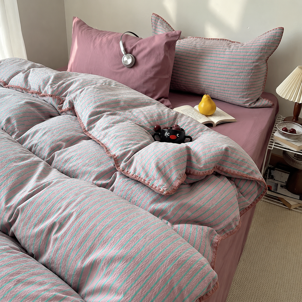 Queen Quilt Cover Set, 4-Piece Bedding, Washed Cotton Striped, Reactive Dyed Sheets, Warm Mist Blue 200x230cm
