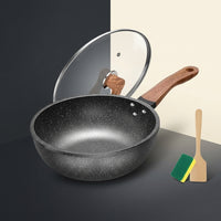 Induction Hob Stir Fry Wok Induction Hob, Stainless Steel Induction Wok with Lid and Wood Handle, Cast Iron Wok Pan Lid, Stir Fry Pan for Home
