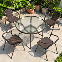 Garden Table Set, For 4 People, Outdoor Table Set, With Parasol Hole, Tempered Glass Top, Metal Frame, Brown