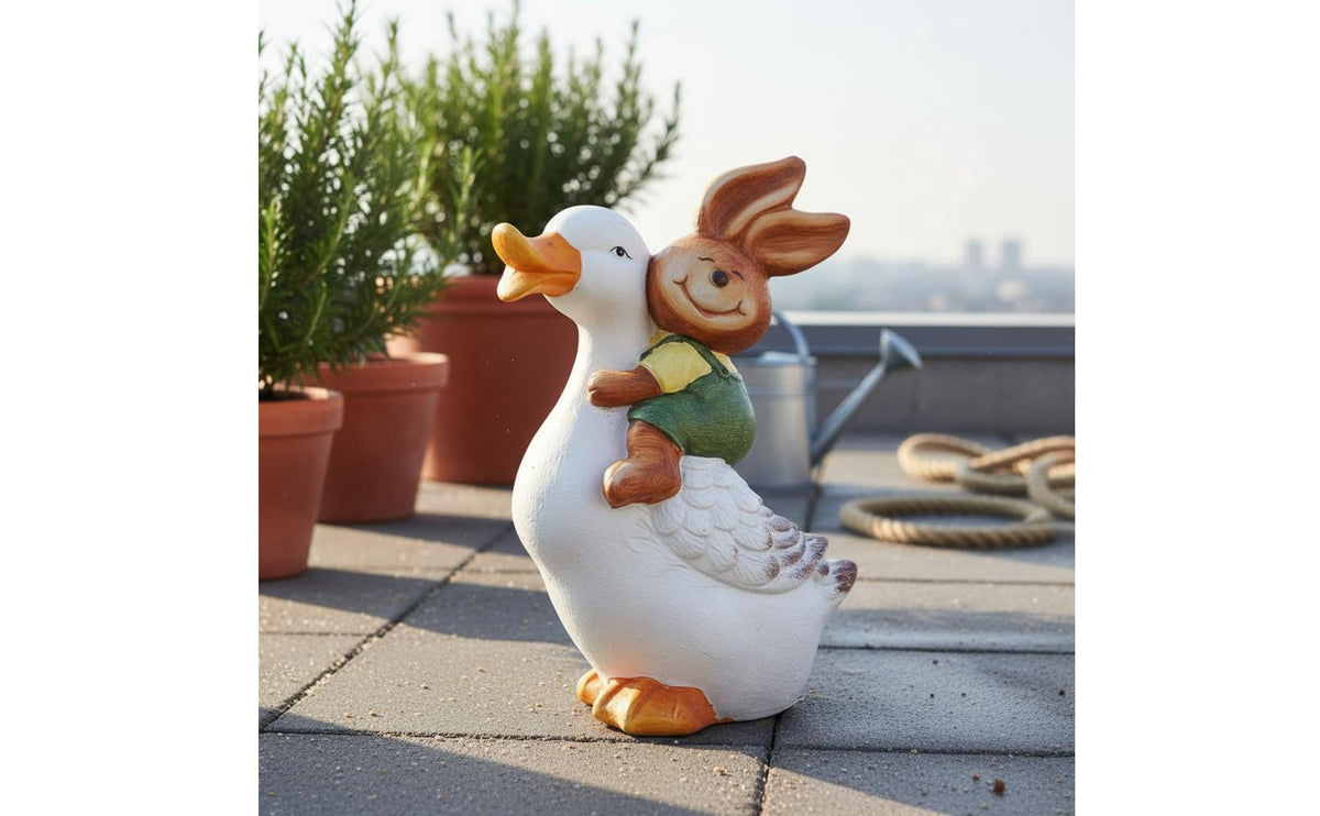 Hare Riding Duck Statue Whimsical Patterned Duck and Hare Garden Sculpture Weatherproof Bunny Garden Statue for Yard, Balcony, Patio