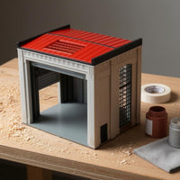 Red Roof 1:64 Garage Diorama Grid Openings Miniature Garage Model Molded Details Architectural Scene Model Black Trim