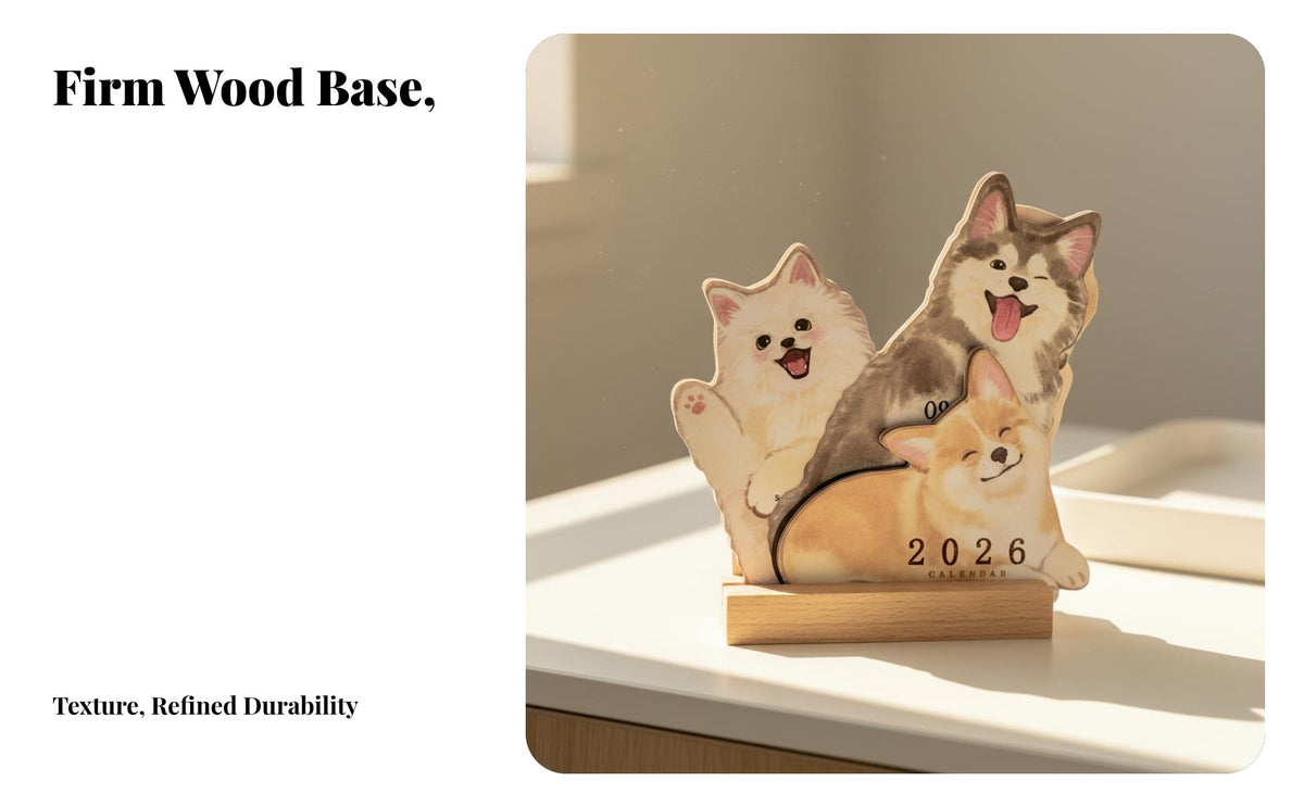 Wooden Base Cat Calendar 2026, Cartoon Animal, Desktop Decor