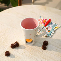 Includes Dipping Fork Personal Fondue Mug Heart Pattern Ceramic Chocolate Melter Butter Warmer Cup for Couples, Parties
