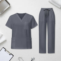 Breathable Scrub Set Multiple Pockets Nurse Attire Set Drawstring Waist V-Neck Scrub Attire for Nurses, Beauticians, Caregivers, Hospital, Medical Facility, Spa