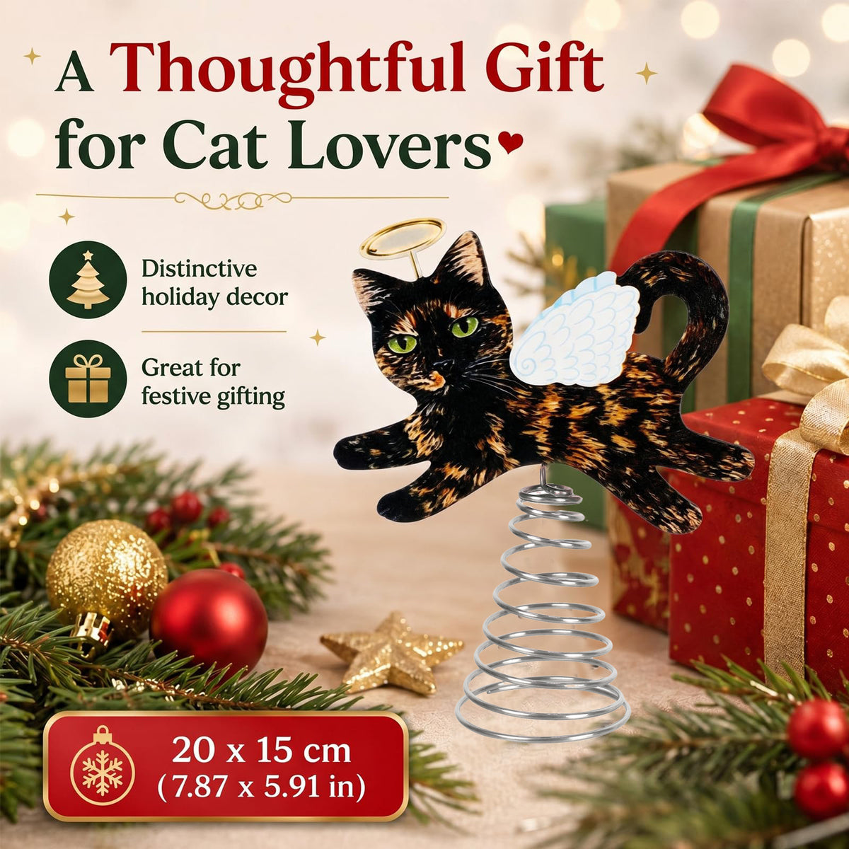 Black Angel Cat Tree Topper Decoration with Wings Christmas Tree Decoration Cat Lover Gift Christmas Holiday Decor