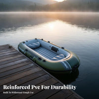 Inflatable Sport Boat Set Includes Oars and Pump Multi-Person Dinghy Fishing Rod Holders Portable Raft for Anglers, Families, Lakes, Streams, Boating