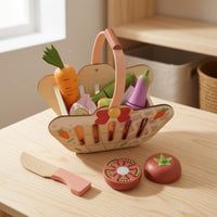 Pretend Fruit and Vegetable Basket Slatted Wooden Fruit Basket Toy  Print for Children