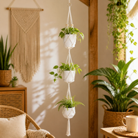Macrame Hanging Planter, Hand-Woven Cotton Rope Plant Hanger, Bohemian Hanging Basket for Indoor Outdoor