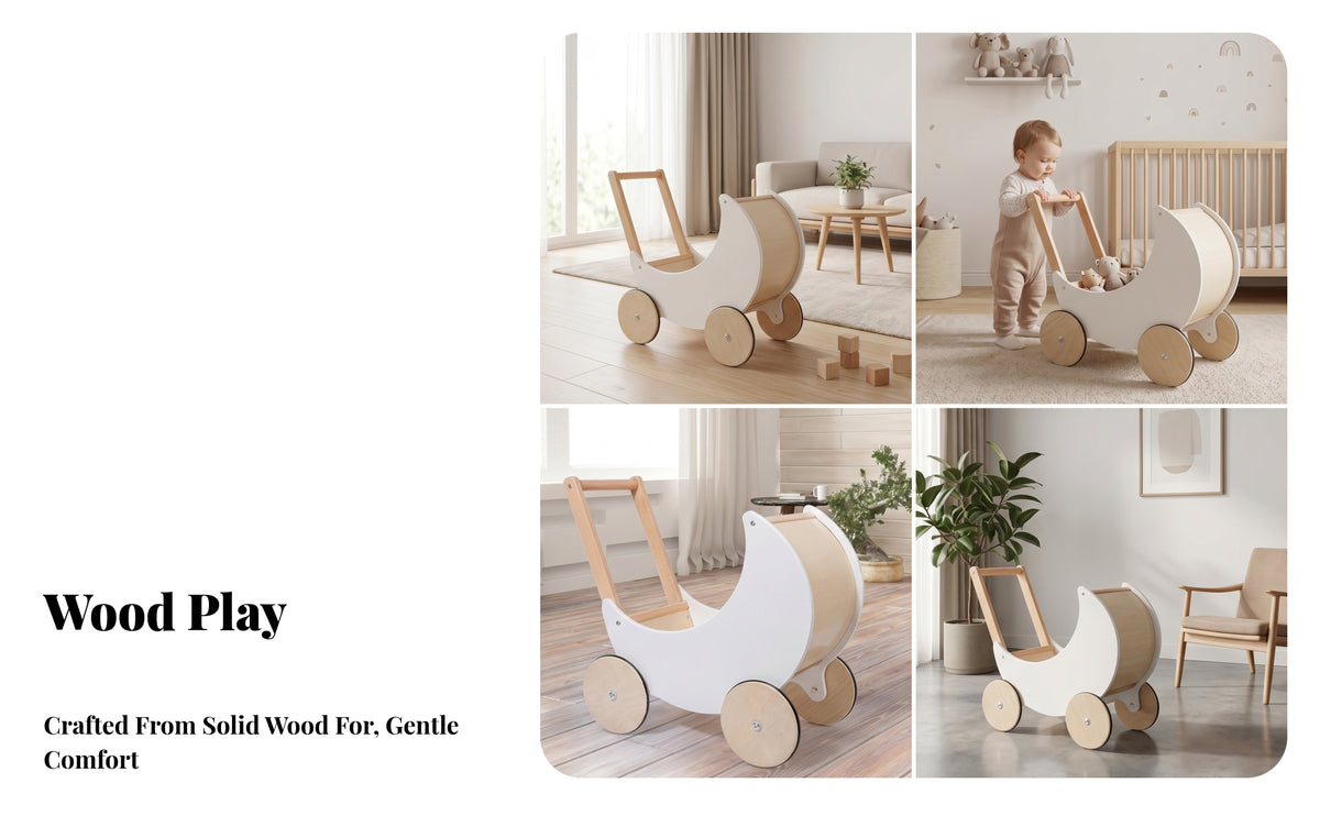 Moon-Shaped Push Toy White and Wood Wooden Push-Along Toy Open Compartment Infant with Wheels for Children